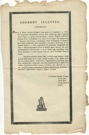 Szomorú jeletés, Görög Sámuel, Marosvásárhely, 19-ik század/Necrologul negustorului Görög Sámuel din Târgu Mureș, secolul al XIX-lea