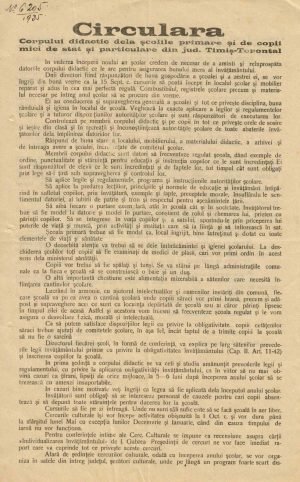 Circulara Corpului didactic dela școlile primare și de copii mici de stat și particulare din jud Timiș-Torontal, 1935, Timișoara