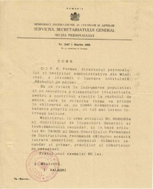 Ministerul Instrucțiunii, al Cultelor și Artelor recomandă corpului didactic, preoților și cohortelor de cercetași să cumpere cartea Războiul de mâine, 1935