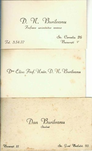 Demetriu N Burileanu, profesor universitar, cu soția și fiul, cărți de vizită, anii 1930