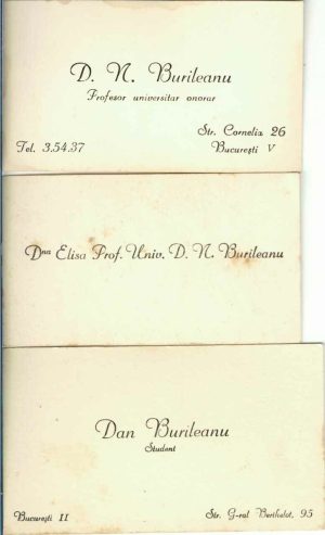Demetriu N Burileanu, profesor universitar, cu soția și fiul, cărți de vizită, anii 1930