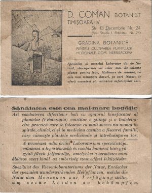 D Coman, botanist și fitoterapeut în Timișoara, cu grădină botanică la Herneacova, reclamă de epocă, perioada interbelică