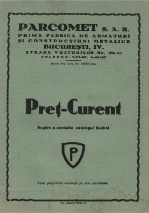 Parcomet SAR, Prima fabrică de armături și construcțiuni metalice, București, listă de prețuri, anii 1930