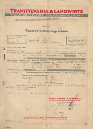 Transsylvania & Landwirte Allgemeine Versicherungs AG Hermannstadt, asigurare contra incendiilor + 6 chitanțe, 1937-1947, Sibiu