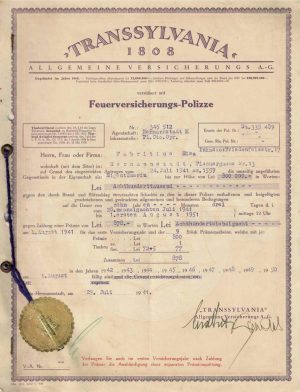 Transsylvania 1868 Allgemeine Versicherungs AG Hermannstadt, poliță de asigurare contra incendiilor, 1941, Sibiu