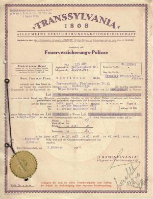 Transsylvania 1868 Allgemeine Versicherungs AG Hermannstadt, poliță de asigurare contra incendiilor, 1936, Sibiu