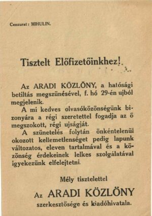 Cenzura militară românească din Arad, 1920, cenzor Nicolae Mihulin, fluturaș de raritate extremă anunțând permisiunea de reapariție a ziarului Aradi Közlöny