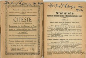 Reuniunea de invaliditate și pensiune a muncitorilor din Banat și Ardeal, lot de două broșuri, reclamă și statute, 1926 și 1928, Timișoara și Sibiu