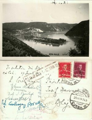Ada Kale, clișeu Omer Feyzi Boray Ada-Kaleh, ștampilă poștă navală și cenzură Turnu Severin, circulată Blaj, 1943, carte poștală