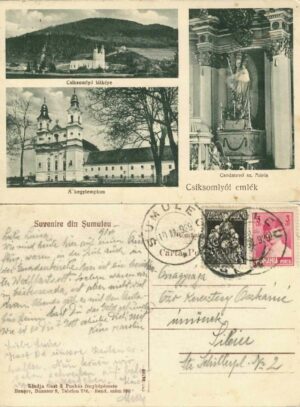 Csiksomlyói emlék, Csiksomlyó látképe/A kegytemplom/Csodatevő sz Mária, Suvenire din Șumuleu, 1939, carte poștală