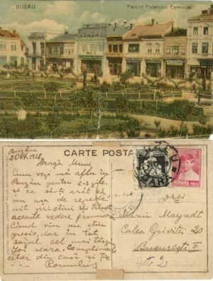 Buzău, Parcul Palatului Comunal , carte poștală, 1928