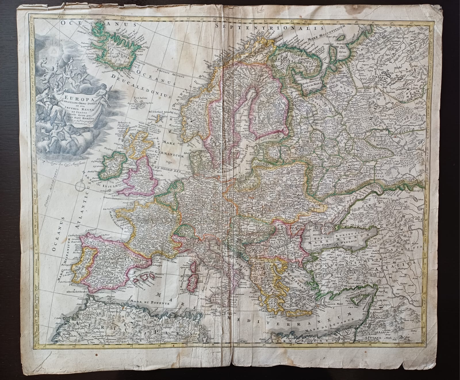 hartă veche, Europa Christiani Orbis Domina in Sua Imperia Regna et Status exacte divisa per Johan Bapt Homann, 1706, Anticariat Historiarum