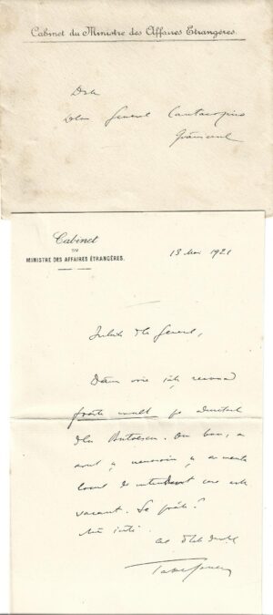 Take Ionescu scrisoare olografă general Gheorghe Cantacuzino-Grănicerul 1921, Anticariat Historiarum