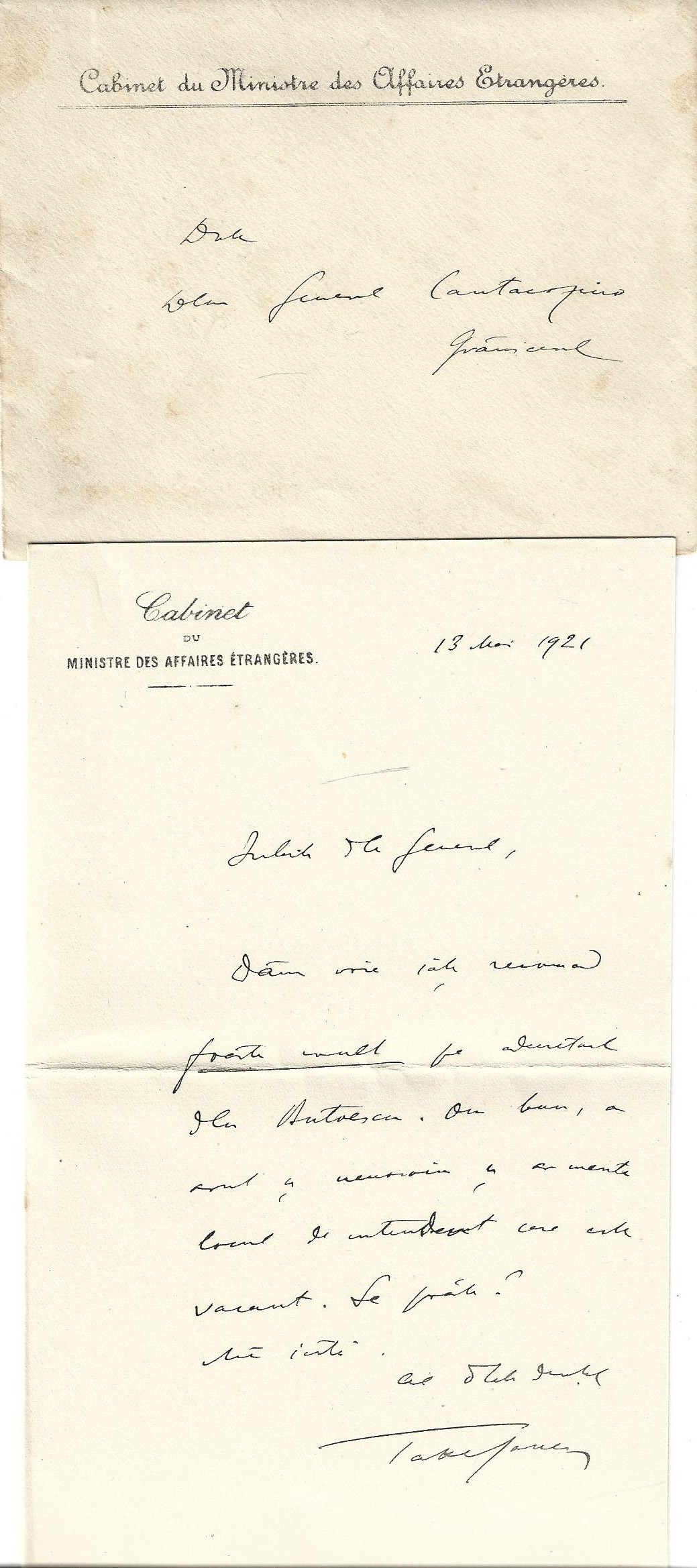Take Ionescu scrisoare olografă general Gheorghe Cantacuzino-Grănicerul 1921, Anticariat Historiarum