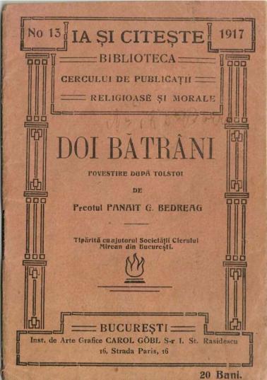 carte veche Doi bătrâni povestire după Tolstoi de preotul Panait C Bedreag 1917, Anticariat Historiarum
