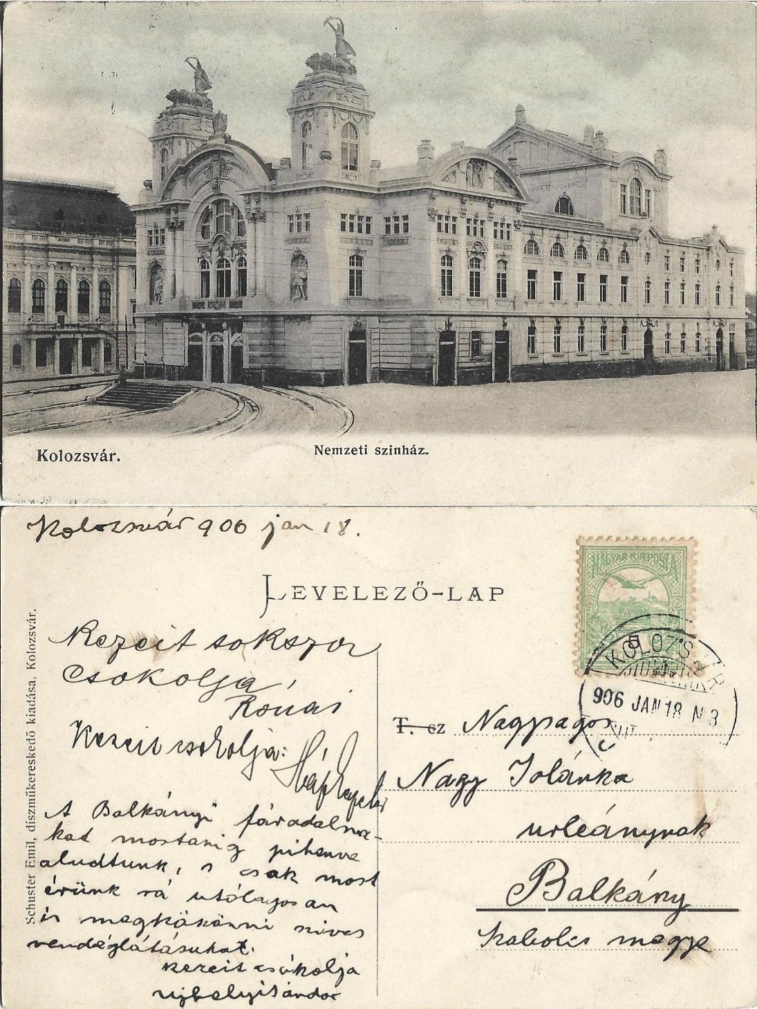 Kolozsvár Nemzeti Színház Schuster Emil Cluj carte poștală ianuarie 1906, Anticariat Historiarum