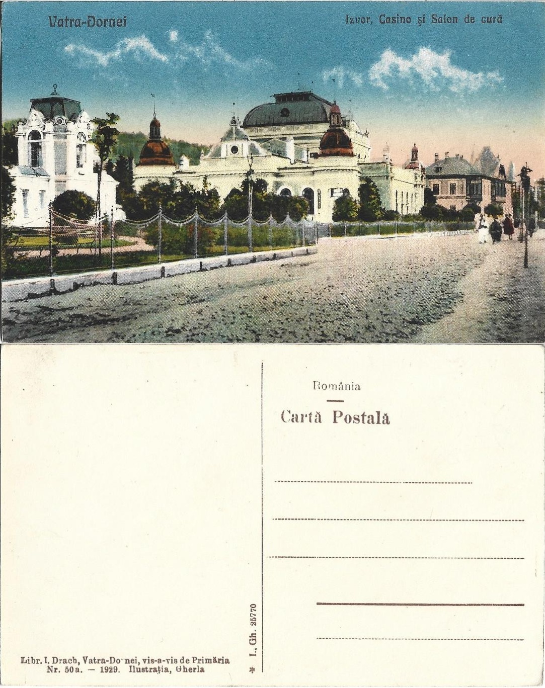 Vatra Dornei Izvor Casino și Salon de cură Librăria I Drach 1929 carte poștală, Anticariat Historiarum