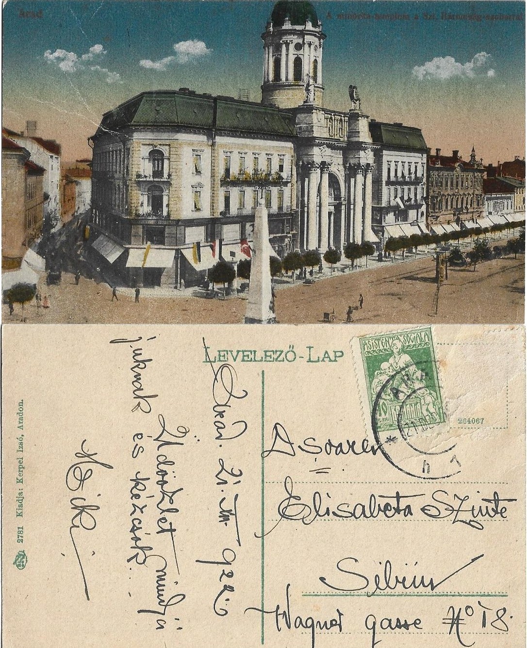 Arad A minorita-templom a Sz Háromság-szoborral Kerpel Izsó carte poștală, Anticariat Historiarum
