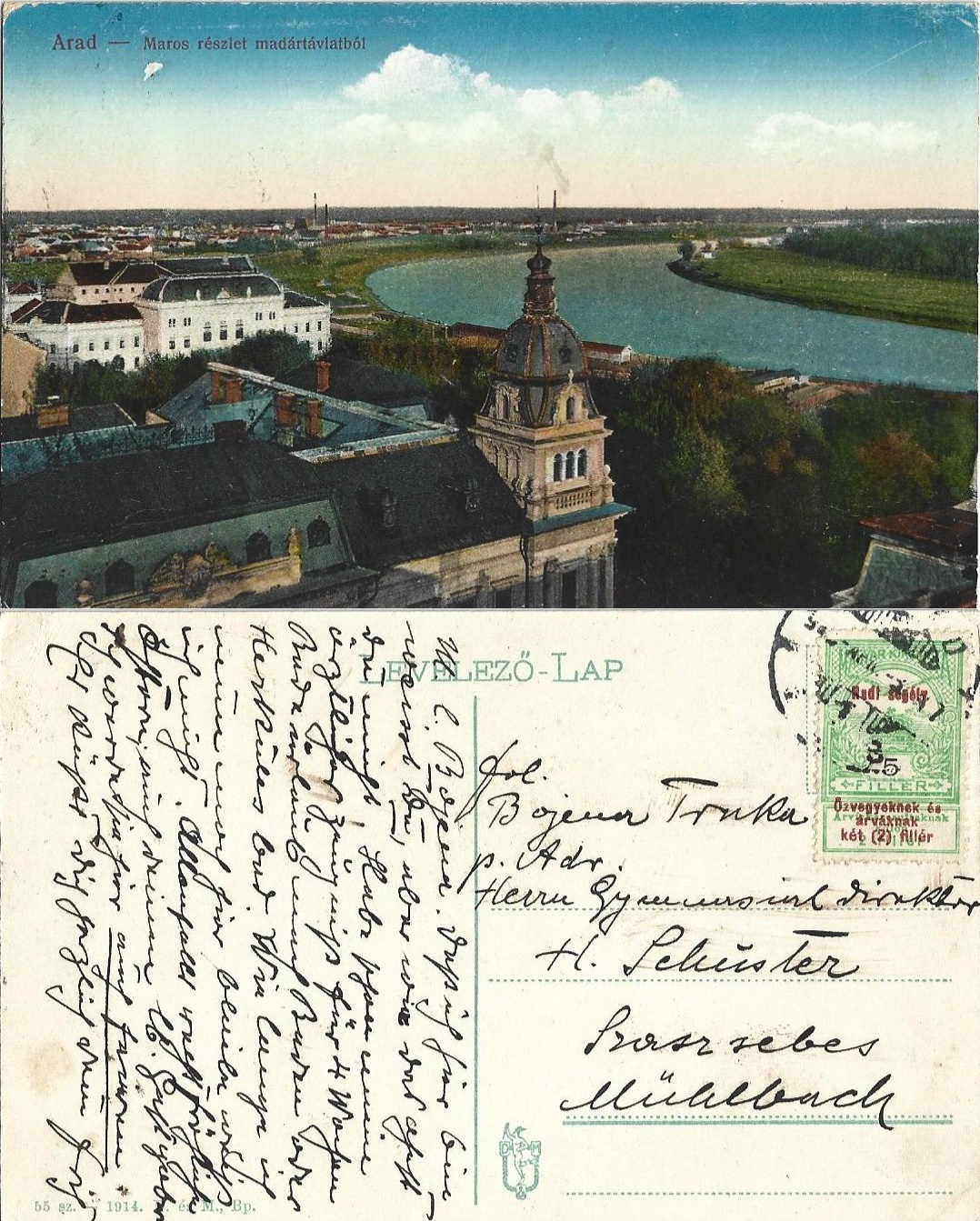 Arad Maros részlet madártávlatból carte poștală, Anticariat Historiarum